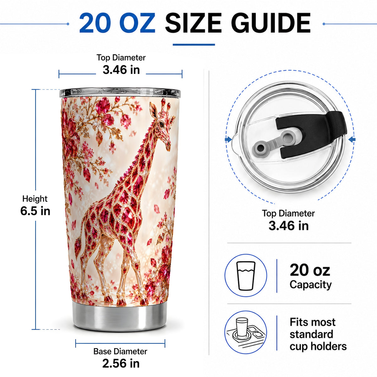 #pl[20oz|Steel] Red Giraffe Floral 20oz Tumbler, Faceted Animal Artwork for Giraffe Fans