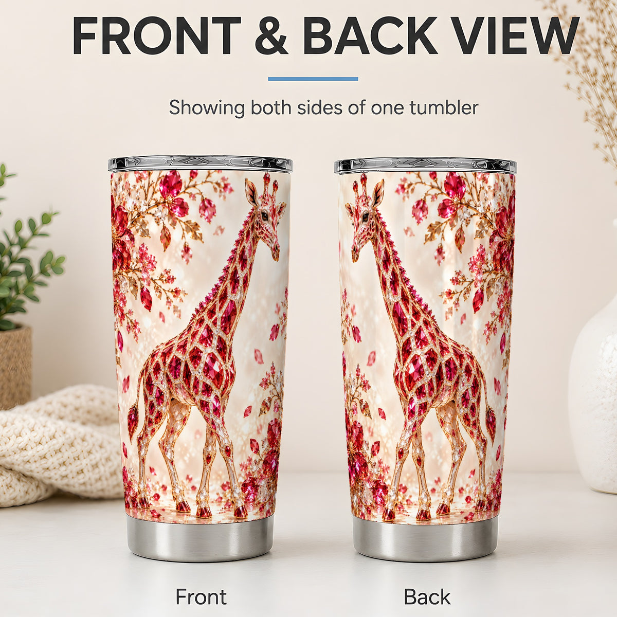 #pl[20oz|Steel] Red Giraffe Floral 20oz Tumbler, Faceted Animal Artwork for Giraffe Fans