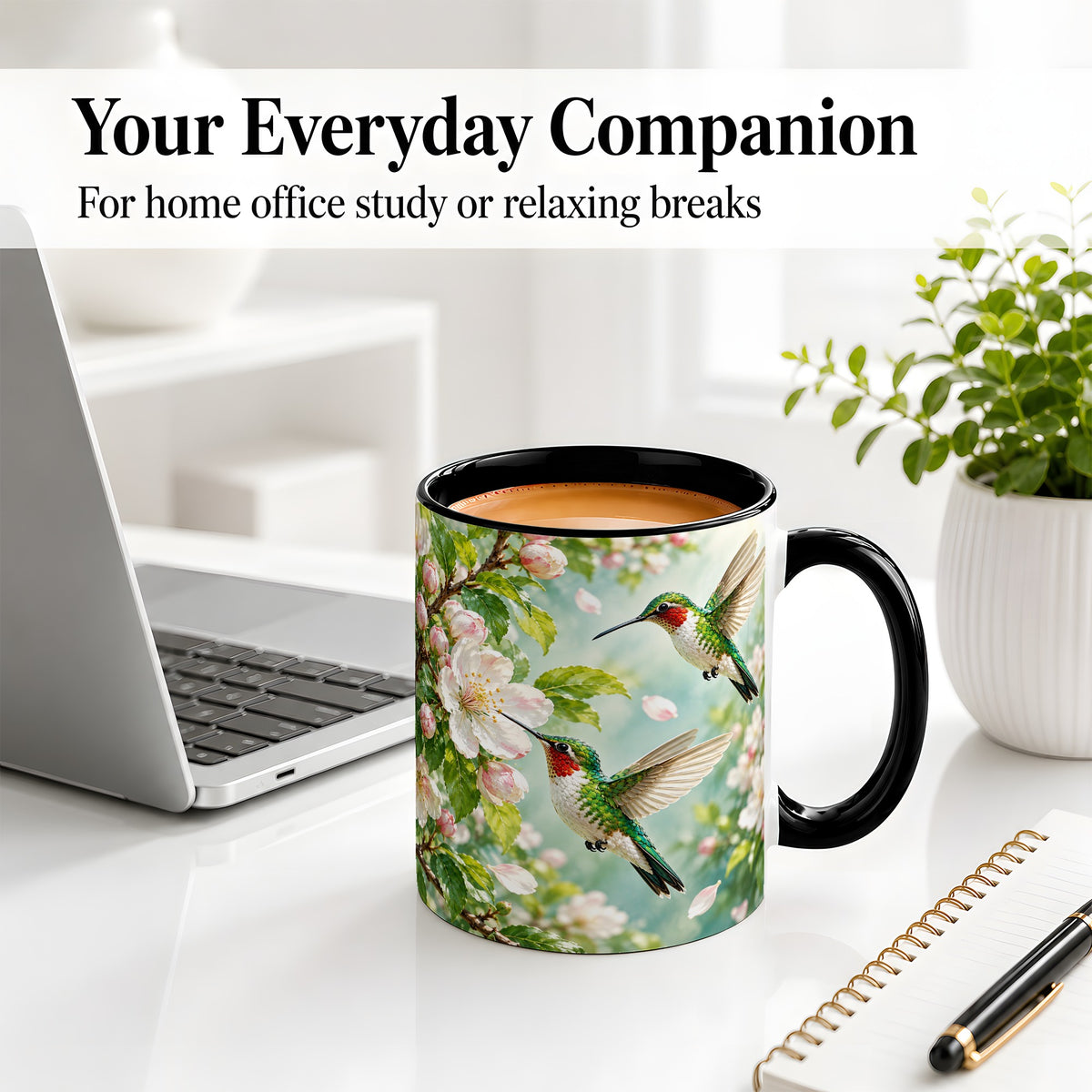 #pl[11oz|Black] Hummingbird Spring Blossom Accent Mug, Ceramic Cup for Bird Lovers