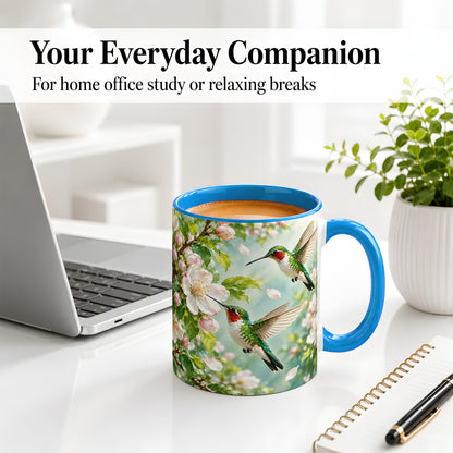 #pl[11oz|Blue] Hummingbird Spring Blossom Accent Mug, Ceramic Cup for Bird Lovers
