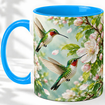 #pl[11oz|Blue] Hummingbird Spring Blossom Accent Mug, Ceramic Cup for Bird Lovers
