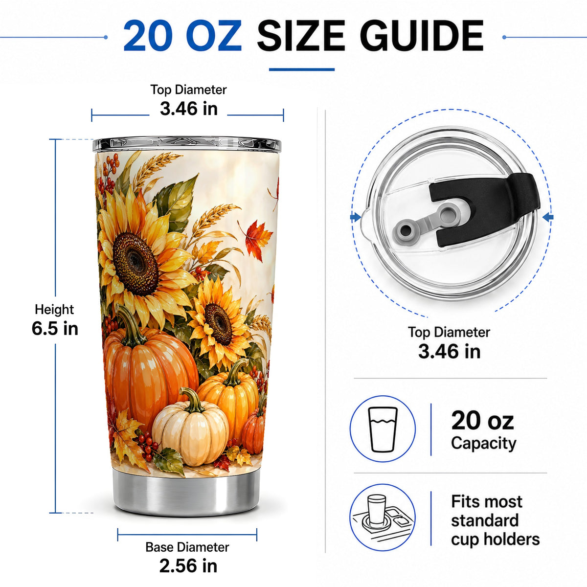 #pl[20oz|Steel] Autumn Pumpkin Tumbler, 20oz Tumbler with Sunflower Fall Artwork