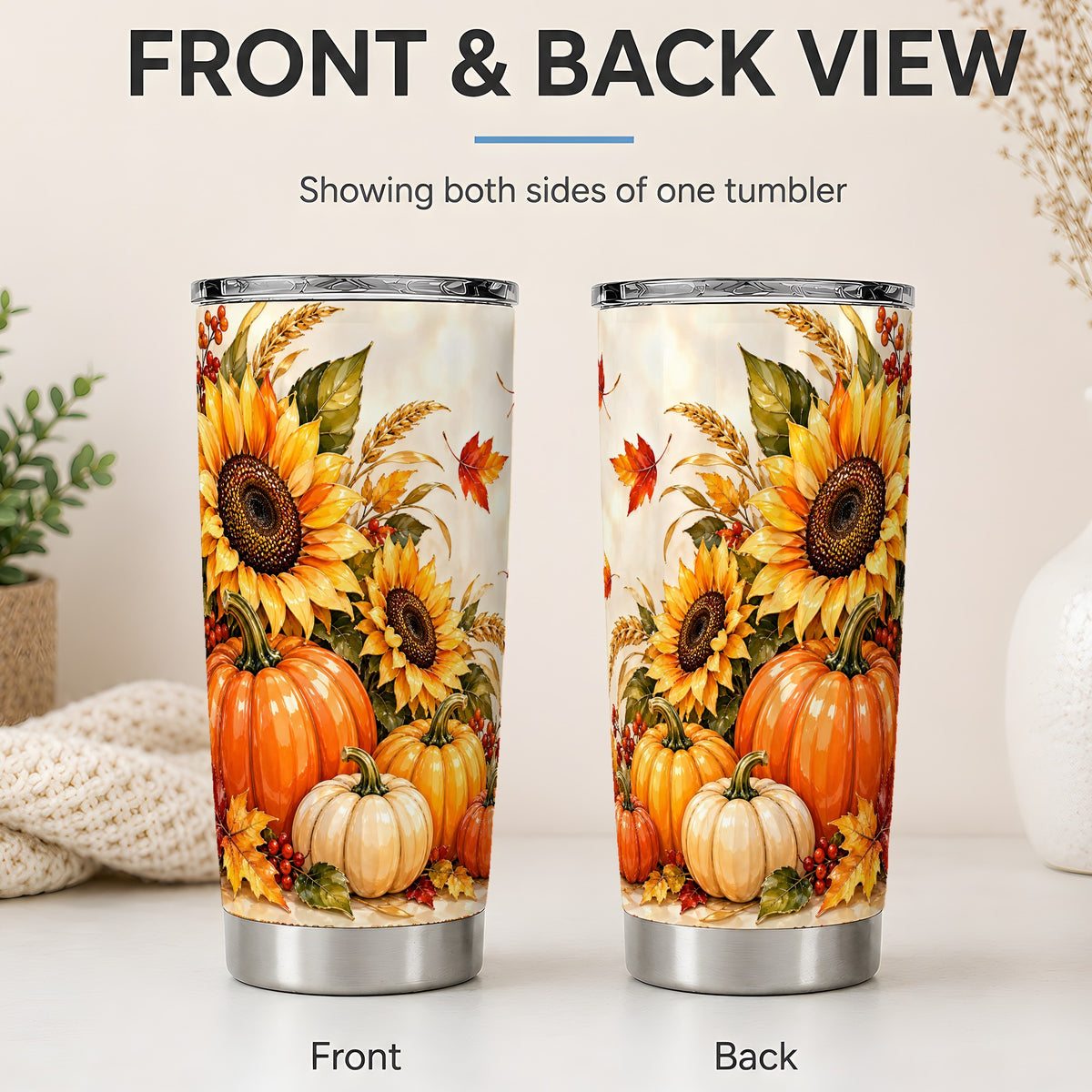 #pl[20oz|Steel] Autumn Pumpkin Tumbler, 20oz Tumbler with Sunflower Fall Artwork