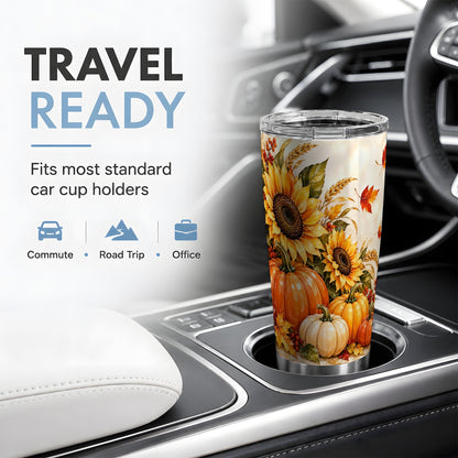 Autumn Pumpkin Tumbler, 20oz Tumbler with Sunflower Fall Artwork