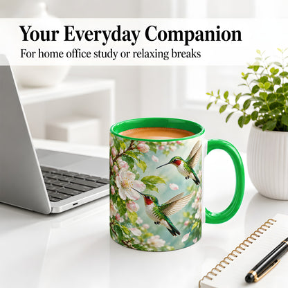 #pl[11oz|Green] Hummingbird Spring Blossom Accent Mug, Ceramic Cup for Bird Lovers
