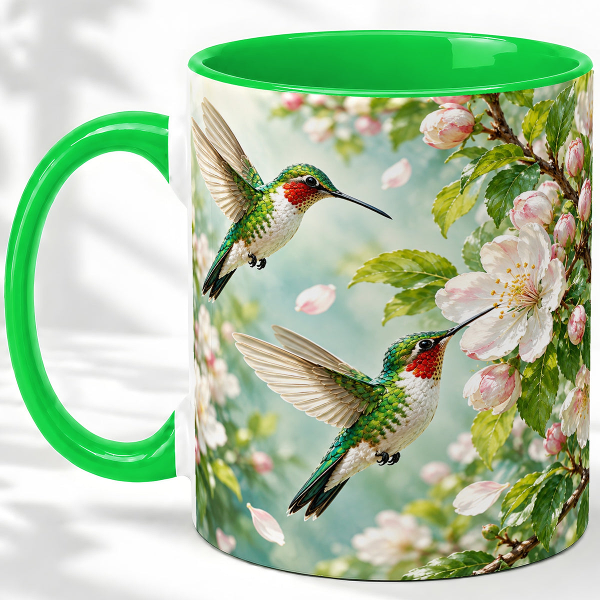 #pl[11oz|Green] Hummingbird Spring Blossom Accent Mug, Ceramic Cup for Bird Lovers