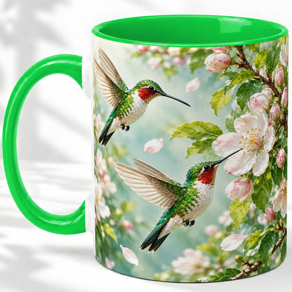 #pl[11oz|Green] Hummingbird Spring Blossom Accent Mug, Ceramic Cup for Bird Lovers