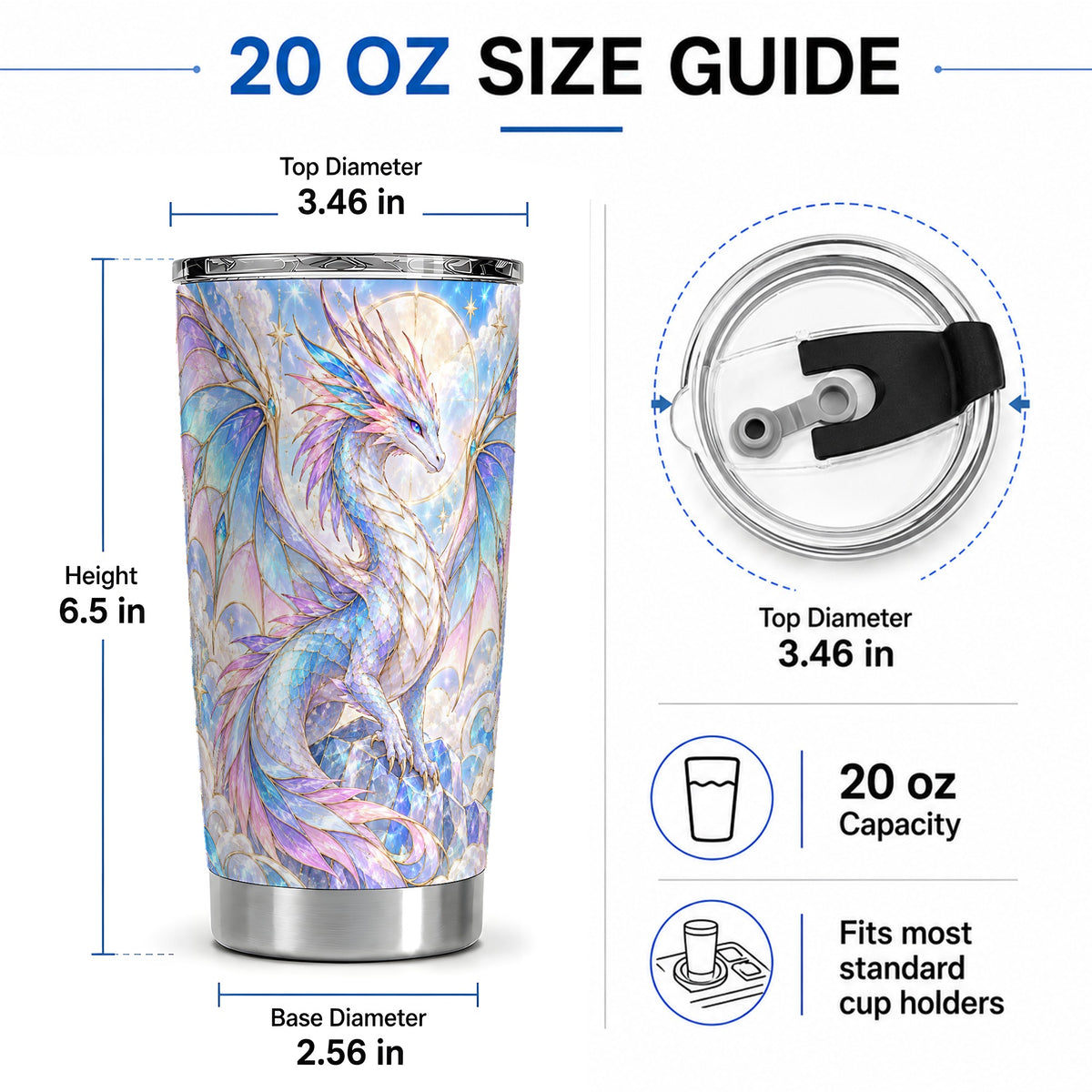 #pl[20oz|Steel] Pastel Dragon Tumbler, 20oz Tumbler with Celestial Crystal Artwork