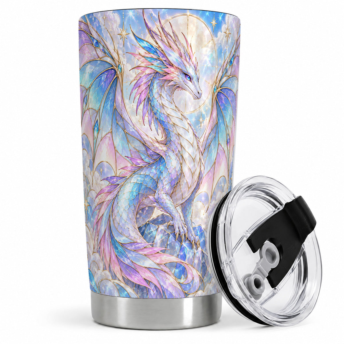 Pastel Dragon Tumbler, 20oz Tumbler with Celestial Crystal Artwork