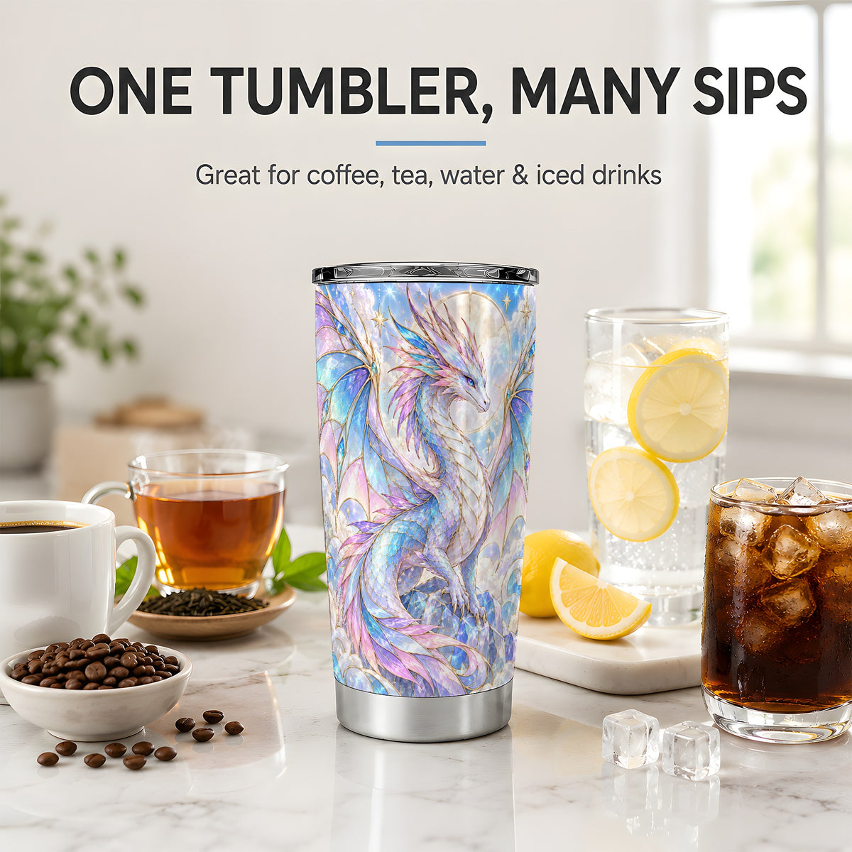Pastel Dragon Tumbler, 20oz Tumbler with Celestial Crystal Artwork
