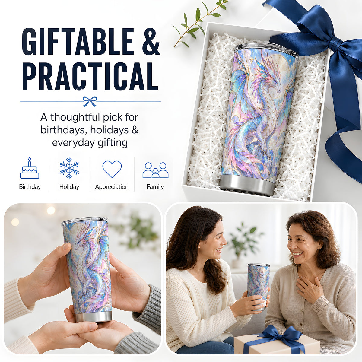 Pastel Dragon Tumbler, 20oz Tumbler with Celestial Crystal Artwork