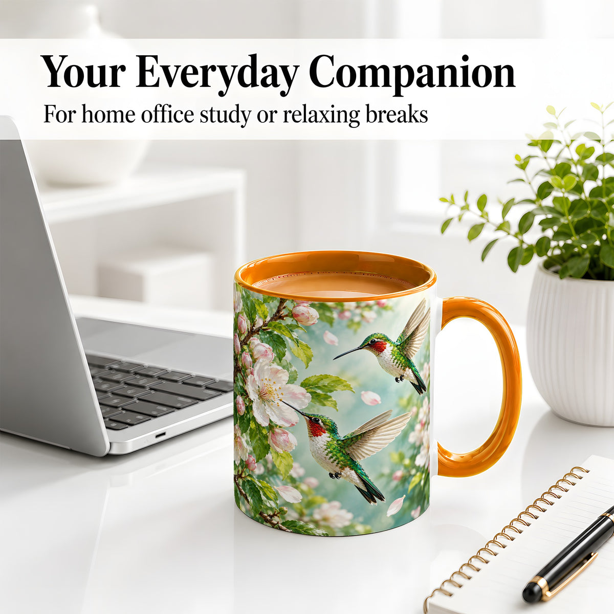 #pl[11oz|Orange] Hummingbird Spring Blossom Accent Mug, Ceramic Cup for Bird Lovers