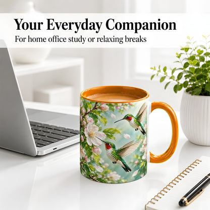 #pl[11oz|Orange] Hummingbird Spring Blossom Accent Mug, Ceramic Cup for Bird Lovers