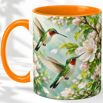 #pl[11oz|Orange] Hummingbird Spring Blossom Accent Mug, Ceramic Cup for Bird Lovers
