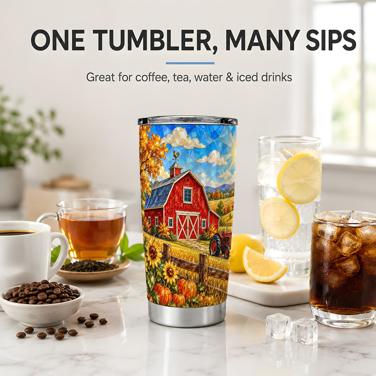 Autumn Farm Tumbler, 20oz Tumbler with Red Barn Tractor Artwork