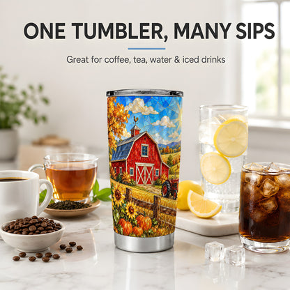 Autumn Farm Tumbler, 20oz Tumbler with Red Barn Tractor Artwork