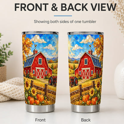 #pl[20oz|Steel] Autumn Farm Tumbler, 20oz Tumbler with Red Barn Tractor Artwork