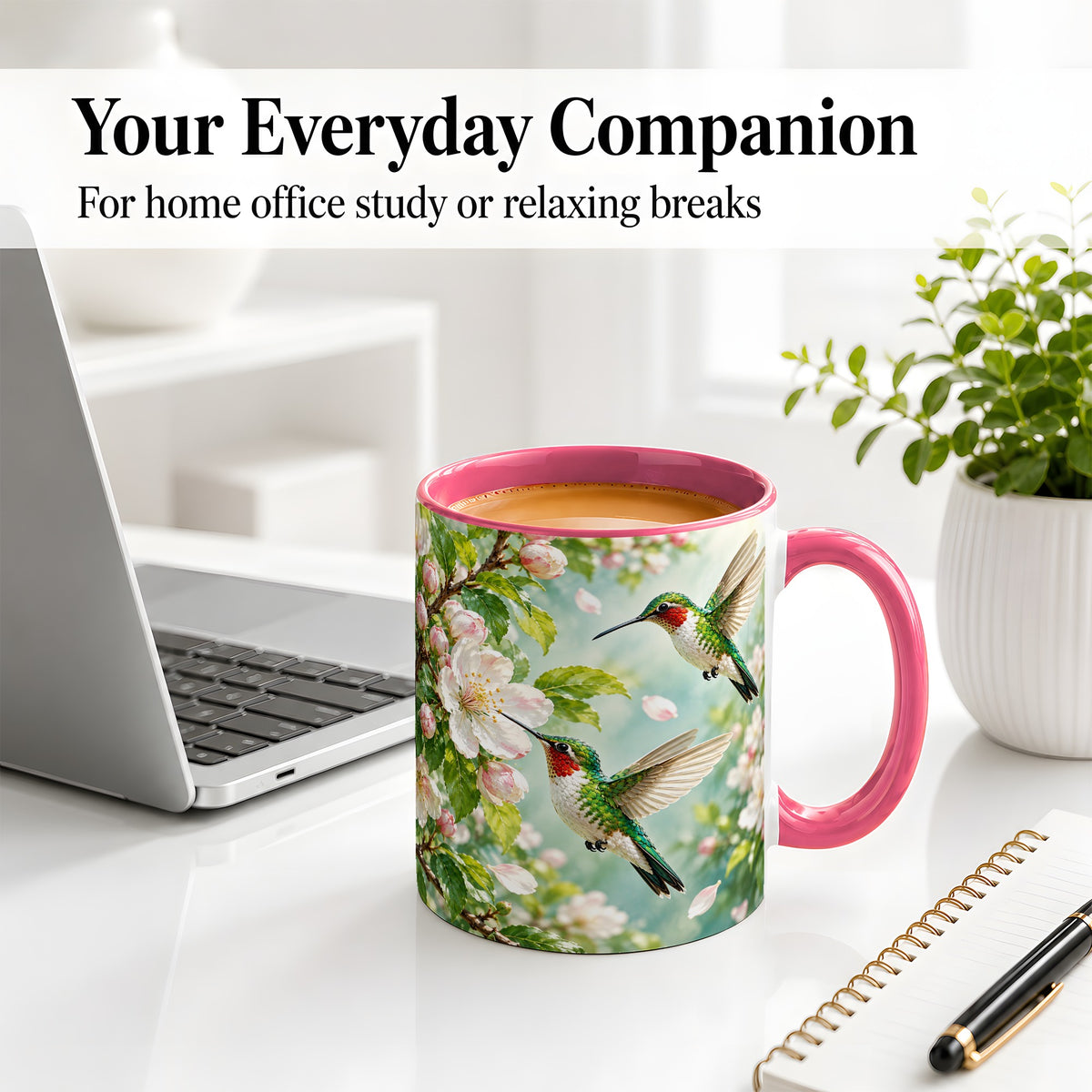 #pl[11oz|Pink] Hummingbird Spring Blossom Accent Mug, Ceramic Cup for Bird Lovers