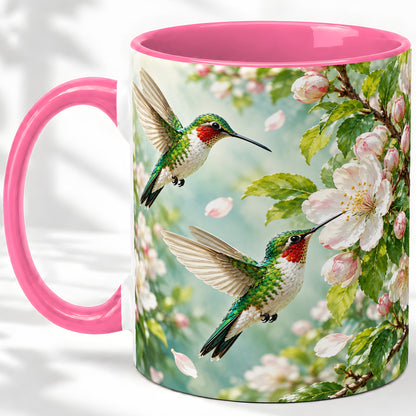 #pl[11oz|Pink] Hummingbird Spring Blossom Accent Mug, Ceramic Cup for Bird Lovers
