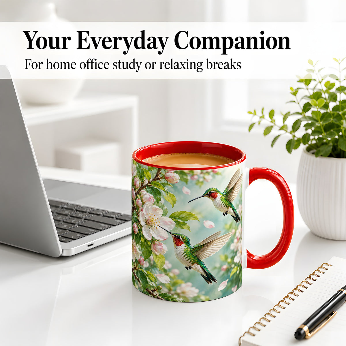 #pl[11oz|Red] Hummingbird Spring Blossom Accent Mug, Ceramic Cup for Bird Lovers