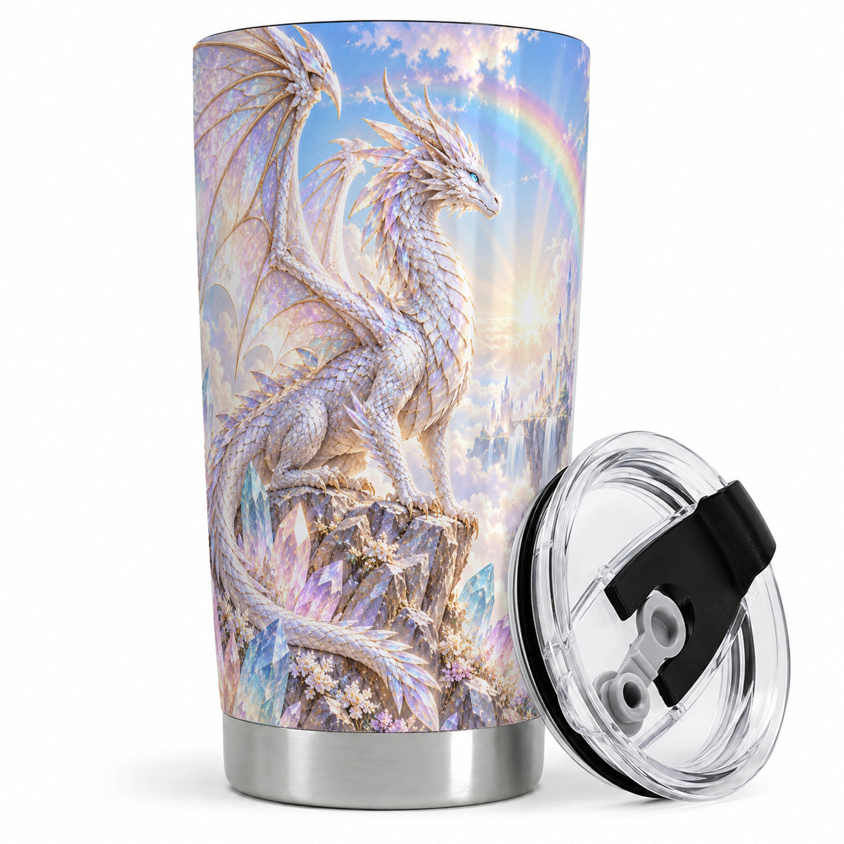 White Dragon Tumbler, 20oz Tumbler with Crystal Fantasy Artwork