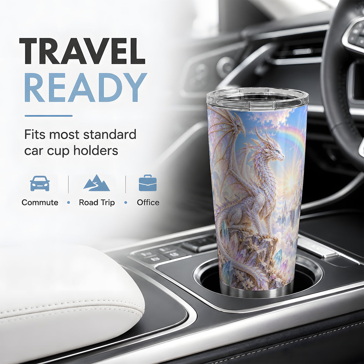 White Dragon Tumbler, 20oz Tumbler with Crystal Fantasy Artwork