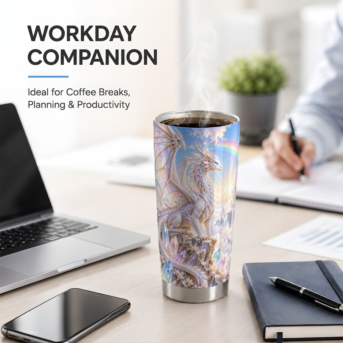 White Dragon Tumbler, 20oz Tumbler with Crystal Fantasy Artwork