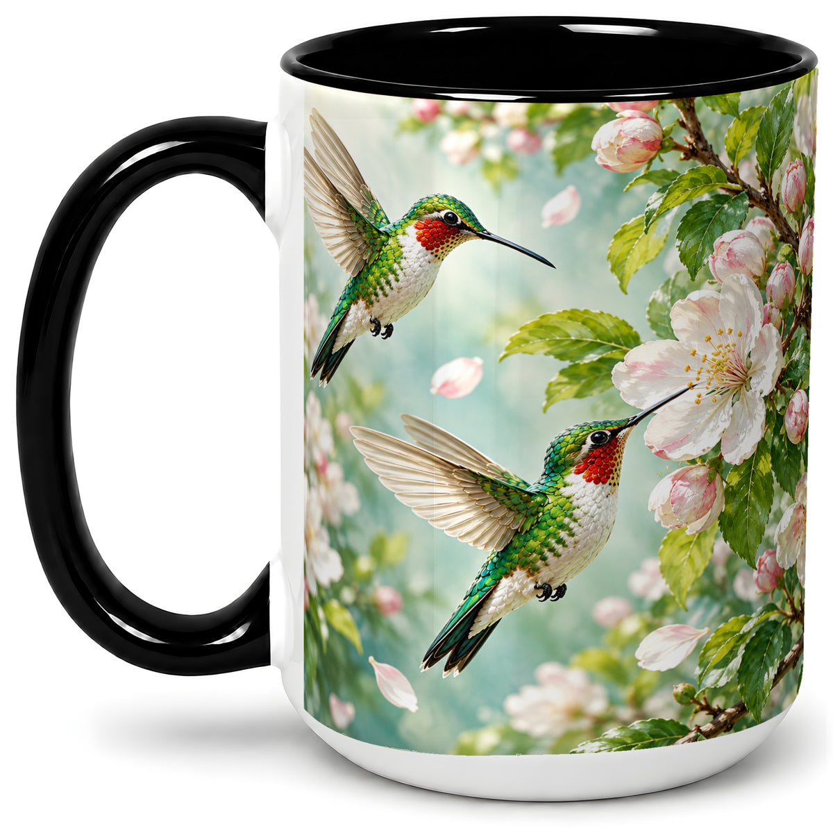 #pl[15oz|Black] Hummingbird Spring Blossom Accent Mug, Ceramic Cup for Bird Lovers