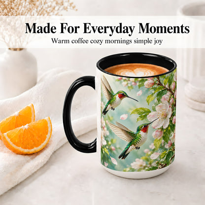 #pl[15oz|Black] Hummingbird Spring Blossom Accent Mug, Ceramic Cup for Bird Lovers