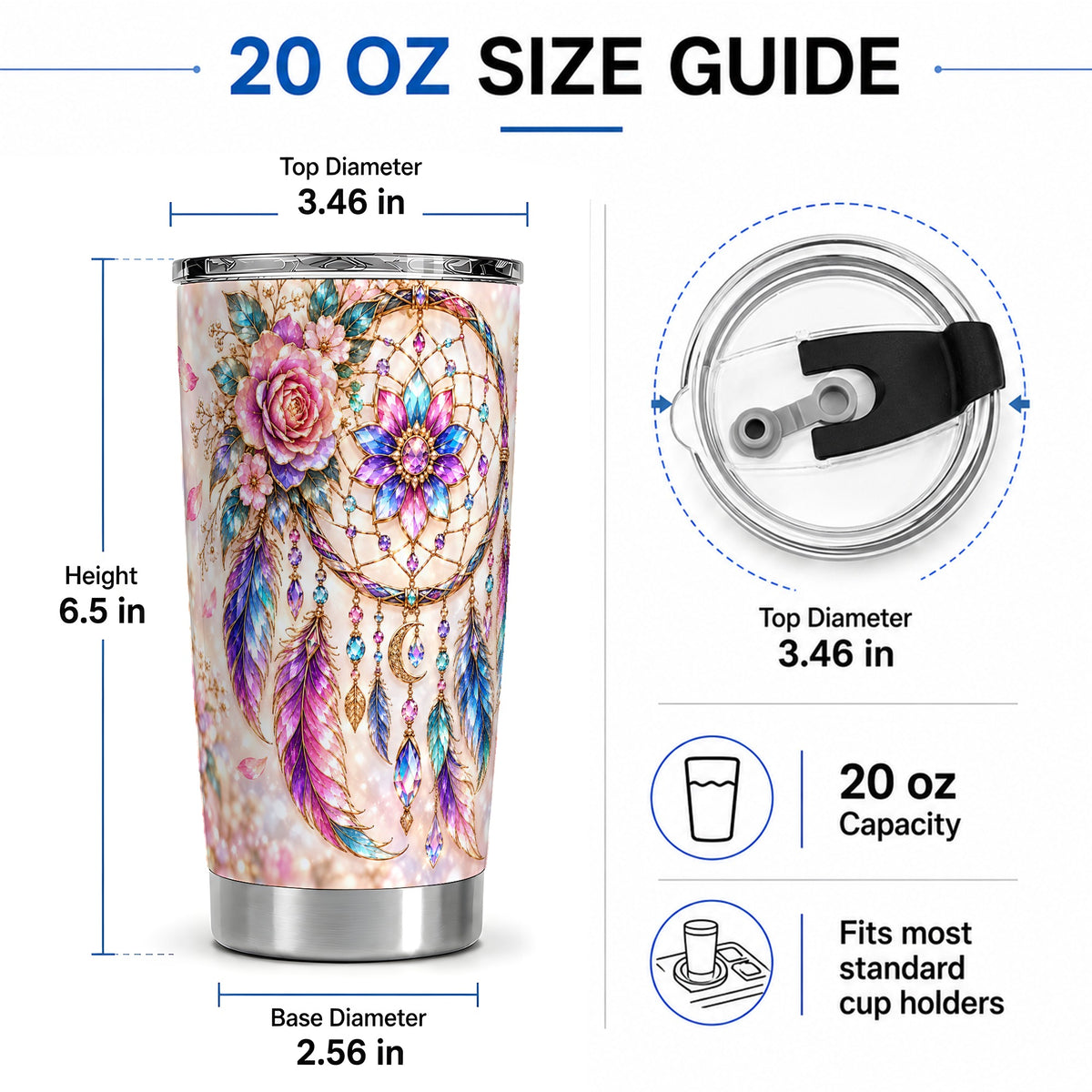#pl[20oz|Steel] Floral Dreamcatcher Tumbler, 20oz Tumbler with Feather Artwork