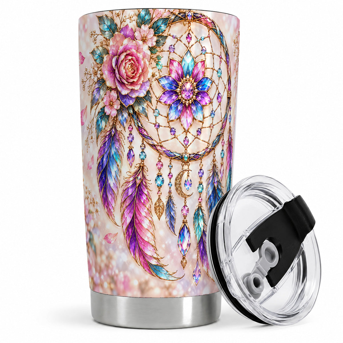 Floral Dreamcatcher Tumbler, 20oz Tumbler with Feather Artwork