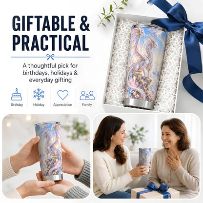 White Dragon Tumbler, 20oz Tumbler with Crystal Fantasy Artwork