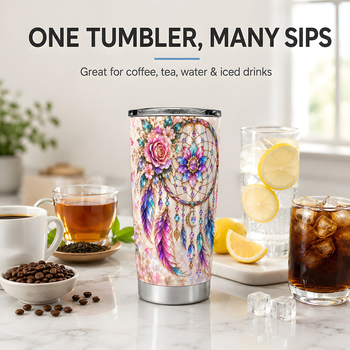 Floral Dreamcatcher Tumbler, 20oz Tumbler with Feather Artwork