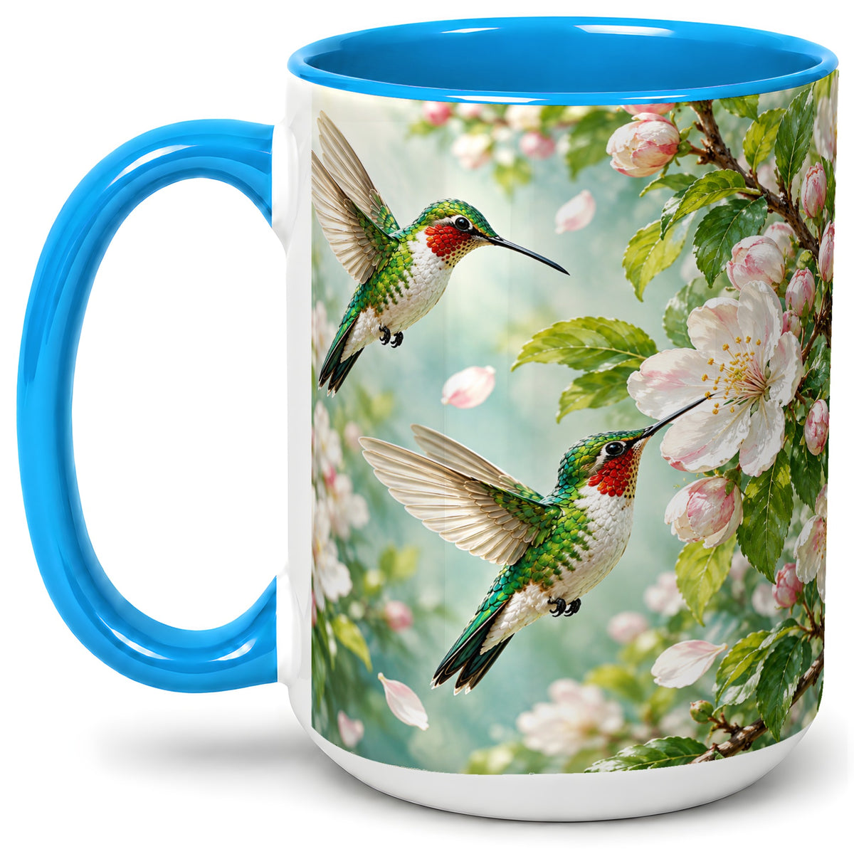#pl[15oz|Blue] Hummingbird Spring Blossom Accent Mug, Ceramic Cup for Bird Lovers