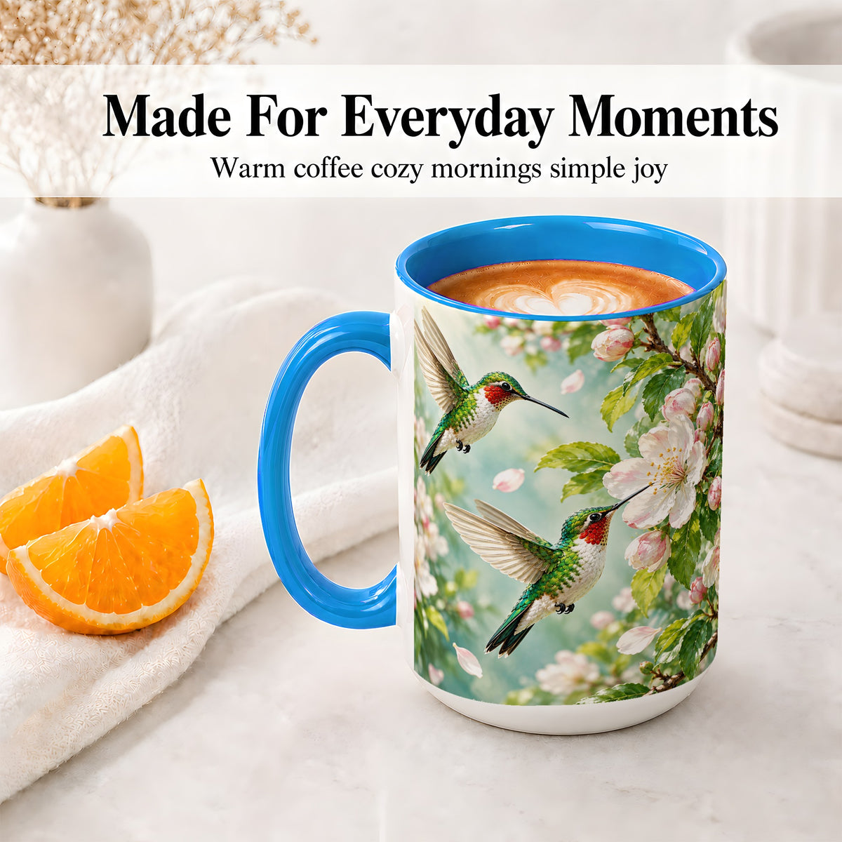 #pl[15oz|Blue] Hummingbird Spring Blossom Accent Mug, Ceramic Cup for Bird Lovers