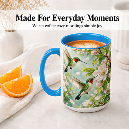 #pl[15oz|Blue] Hummingbird Spring Blossom Accent Mug, Ceramic Cup for Bird Lovers