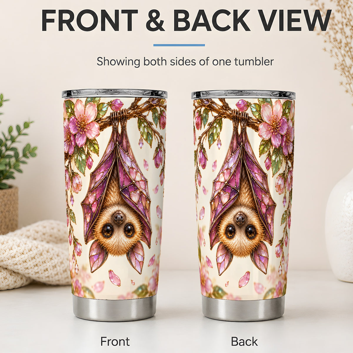 #pl[20oz|Steel] Floral Bat Tumbler, 20oz Tumbler with Pink Blossom Artwork