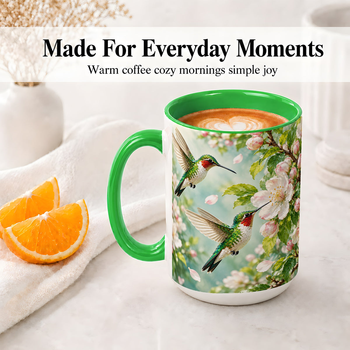 #pl[15oz|Green] Hummingbird Spring Blossom Accent Mug, Ceramic Cup for Bird Lovers