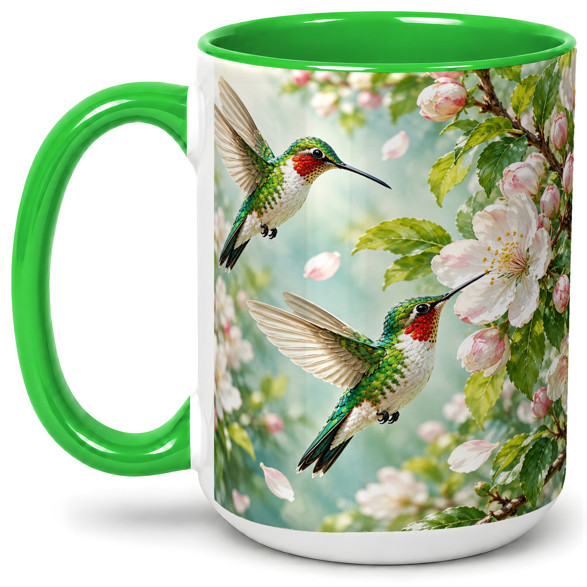 #pl[15oz|Green] Hummingbird Spring Blossom Accent Mug, Ceramic Cup for Bird Lovers