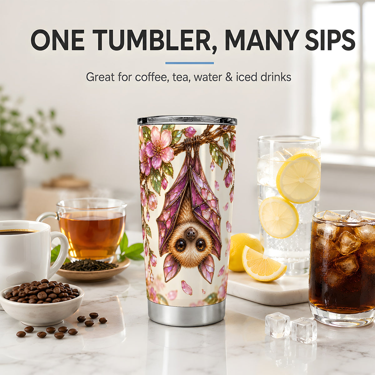 Floral Bat Tumbler, 20oz Tumbler with Pink Blossom Artwork