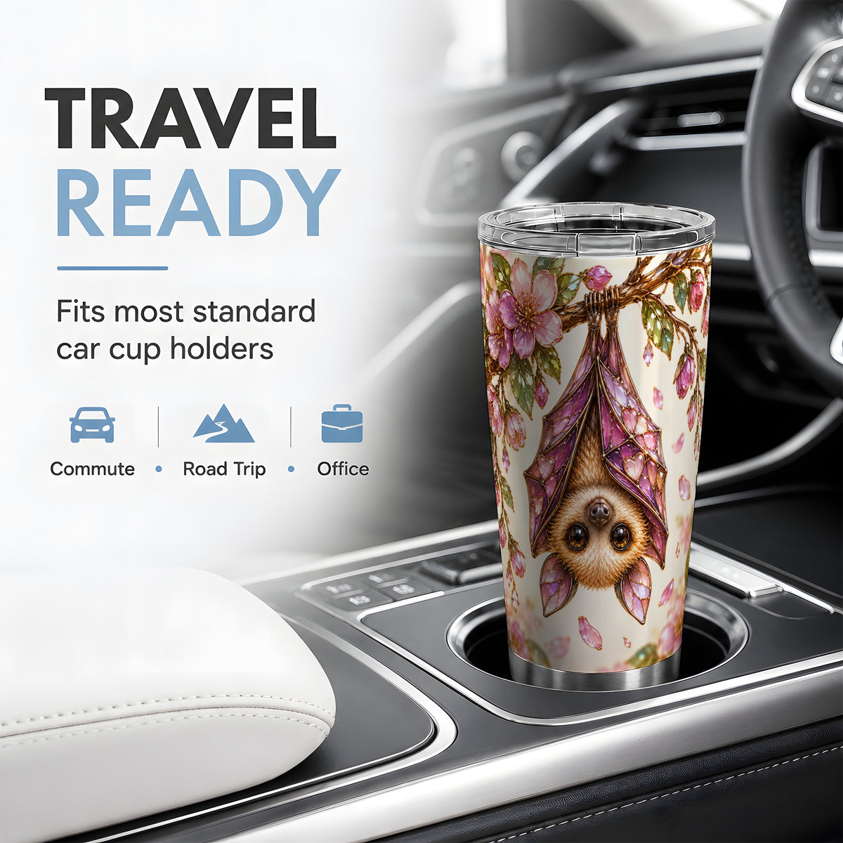 Floral Bat Tumbler, 20oz Tumbler with Pink Blossom Artwork