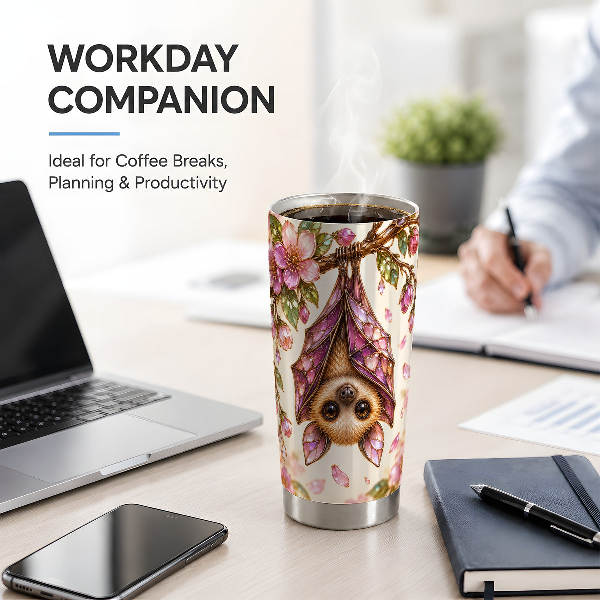 Floral Bat Tumbler, 20oz Tumbler with Pink Blossom Artwork