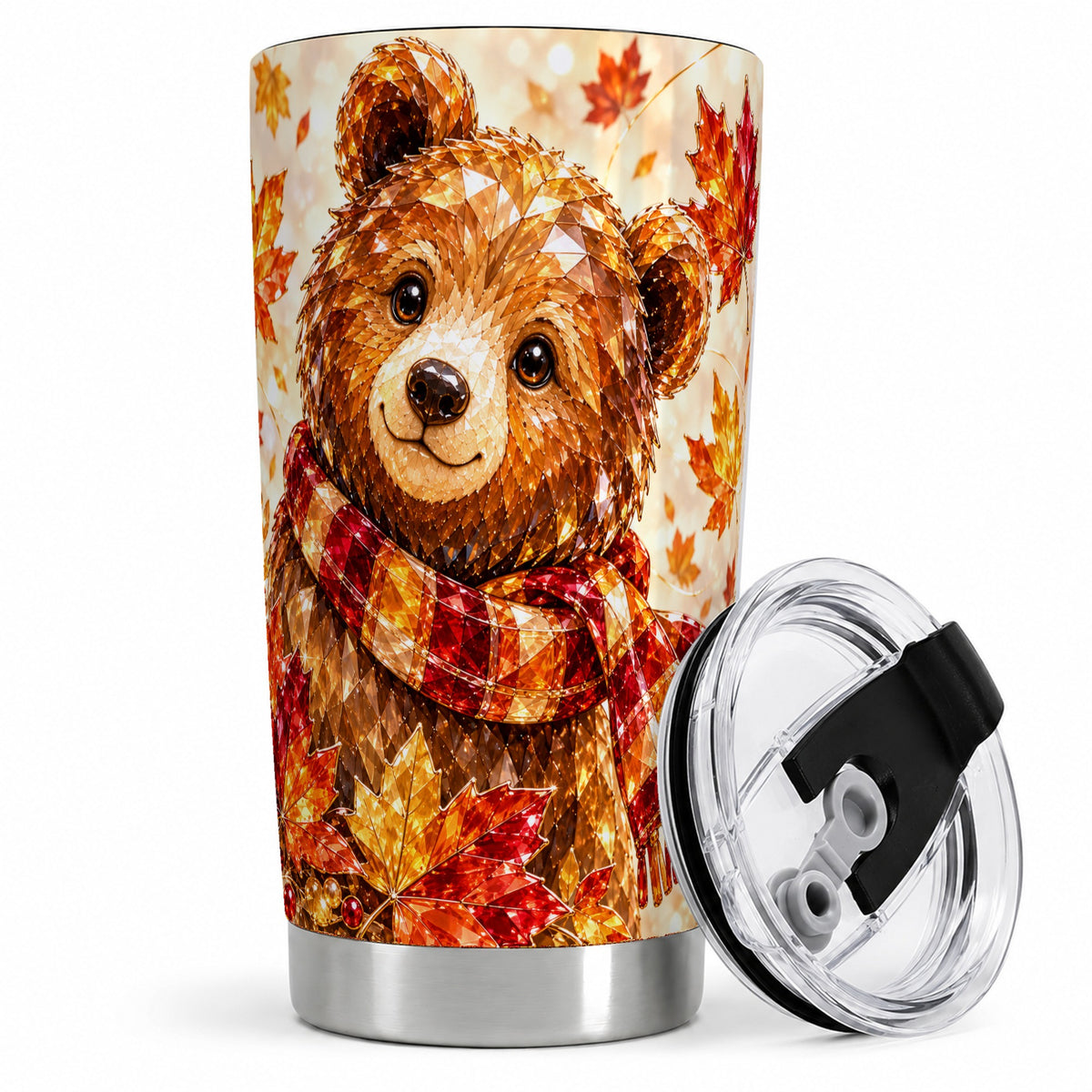 Autumn Bear Tumbler, 20oz Tumbler with Plaid Scarf Artwork