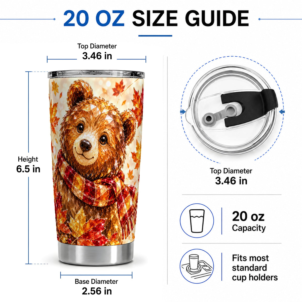 #pl[20oz|Steel] Autumn Bear Tumbler, 20oz Tumbler with Plaid Scarf Artwork