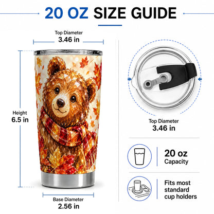 #pl[20oz|Steel] Autumn Bear Tumbler, 20oz Tumbler with Plaid Scarf Artwork