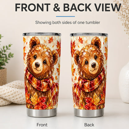 #pl[20oz|Steel] Autumn Bear Tumbler, 20oz Tumbler with Plaid Scarf Artwork