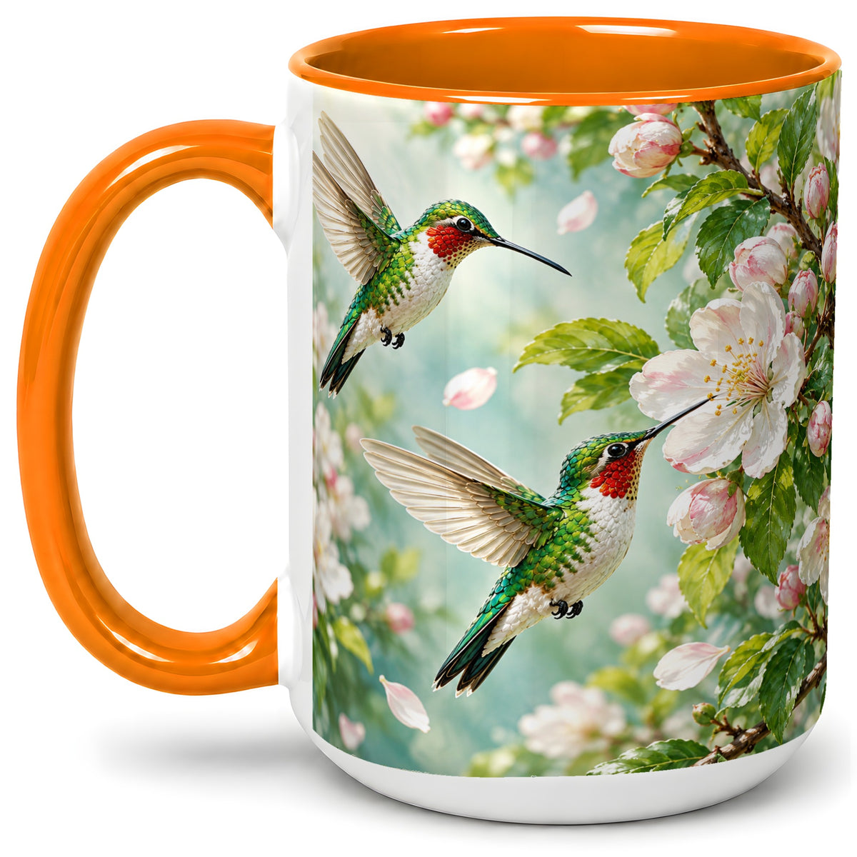 #pl[15oz|Orange] Hummingbird Spring Blossom Accent Mug, Ceramic Cup for Bird Lovers