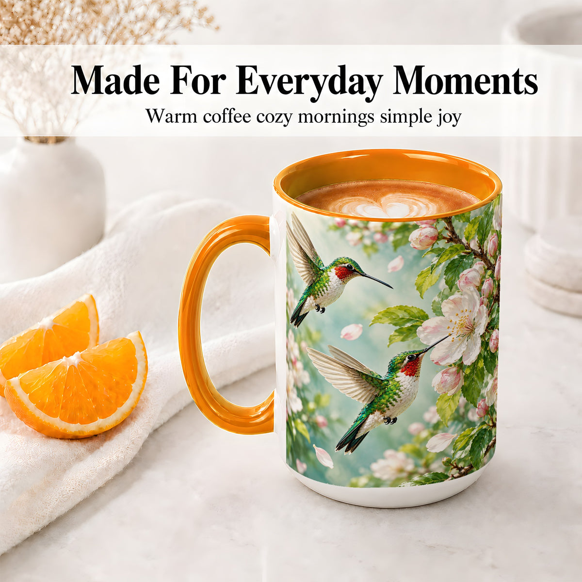 #pl[15oz|Orange] Hummingbird Spring Blossom Accent Mug, Ceramic Cup for Bird Lovers