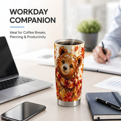 Autumn Bear Tumbler, 20oz Tumbler with Plaid Scarf Artwork