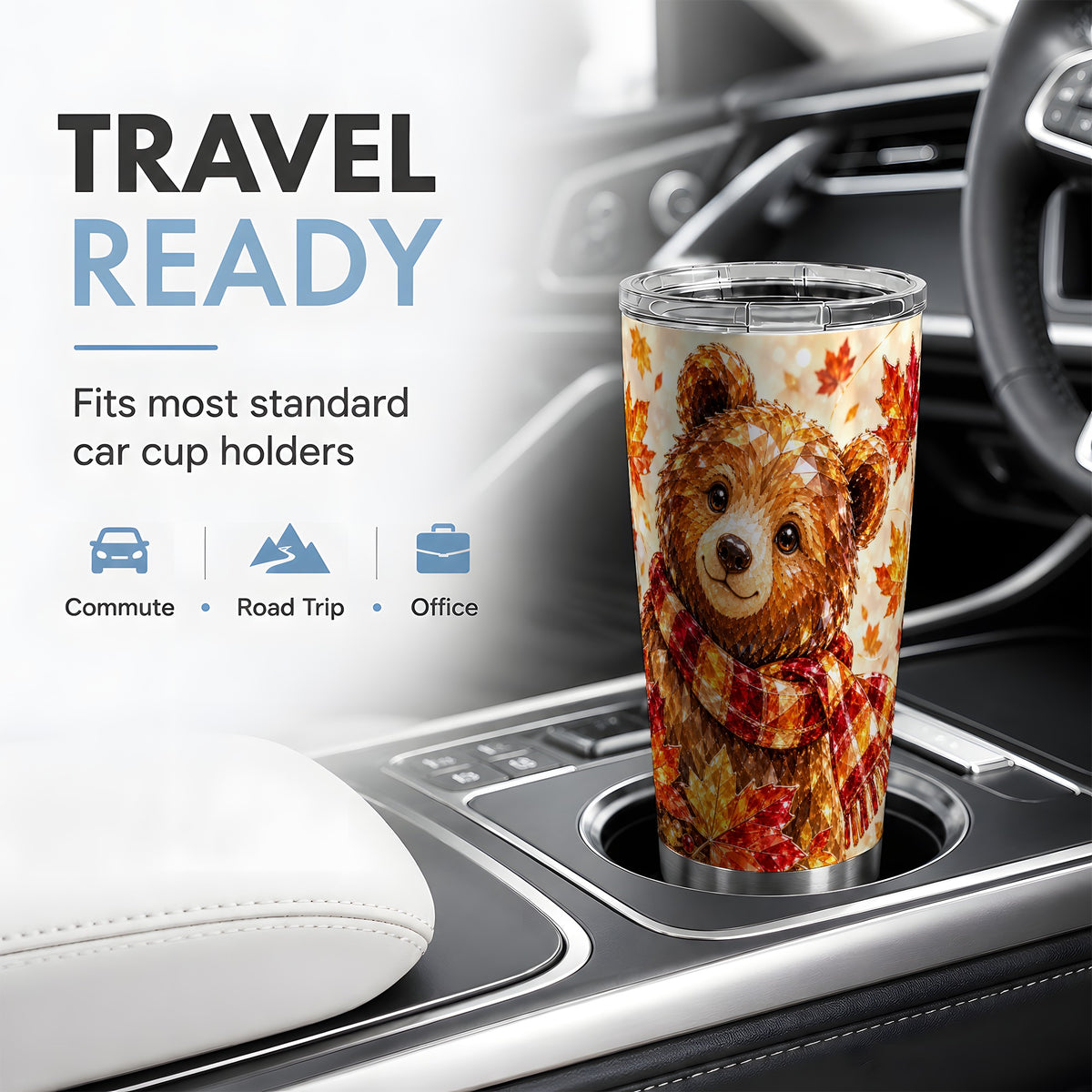 Autumn Bear Tumbler, 20oz Tumbler with Plaid Scarf Artwork